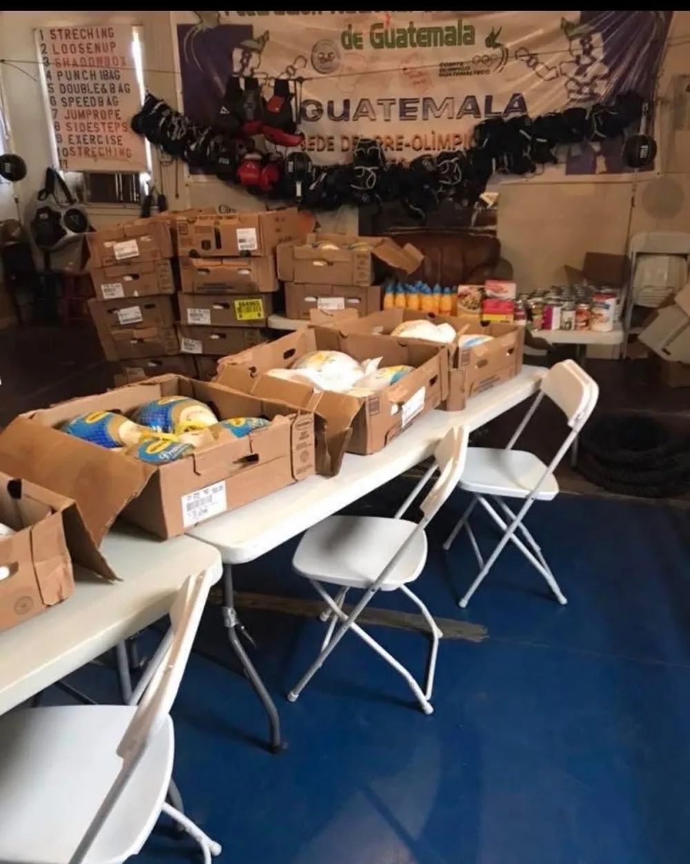 Boxes of donated turkeys and Thanksgiving fixings collected at Highlanders Boxing Club