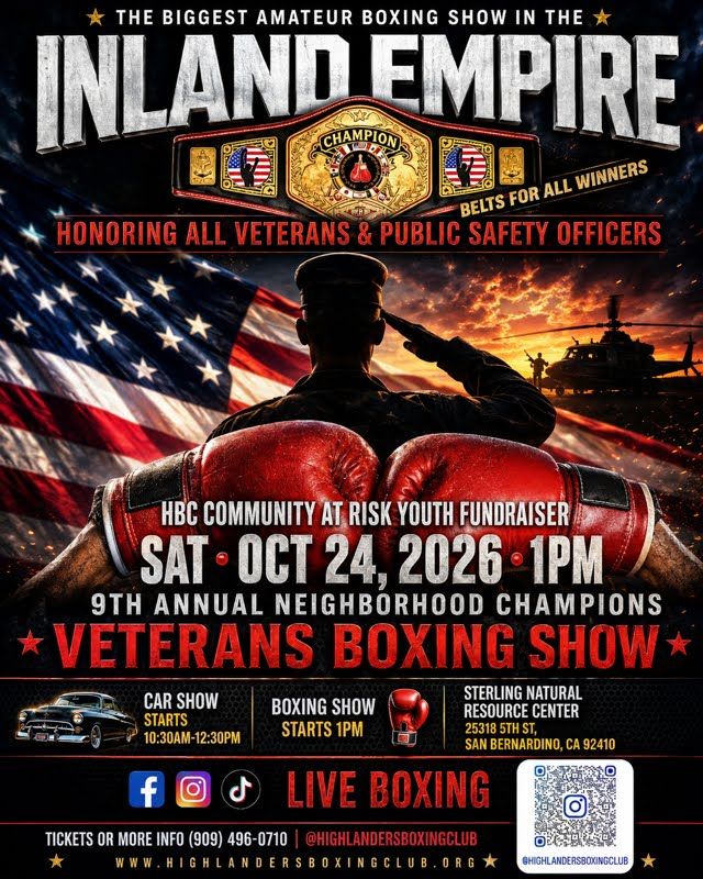 9th Annual Neighborhood Champions Veterans Boxing Show flyer — the biggest amateur boxing show in the Inland Empire, honoring all veterans and public safety officers, Saturday October 24, 2026 at the Sterling Natural Resources Center, San Bernardino, CA